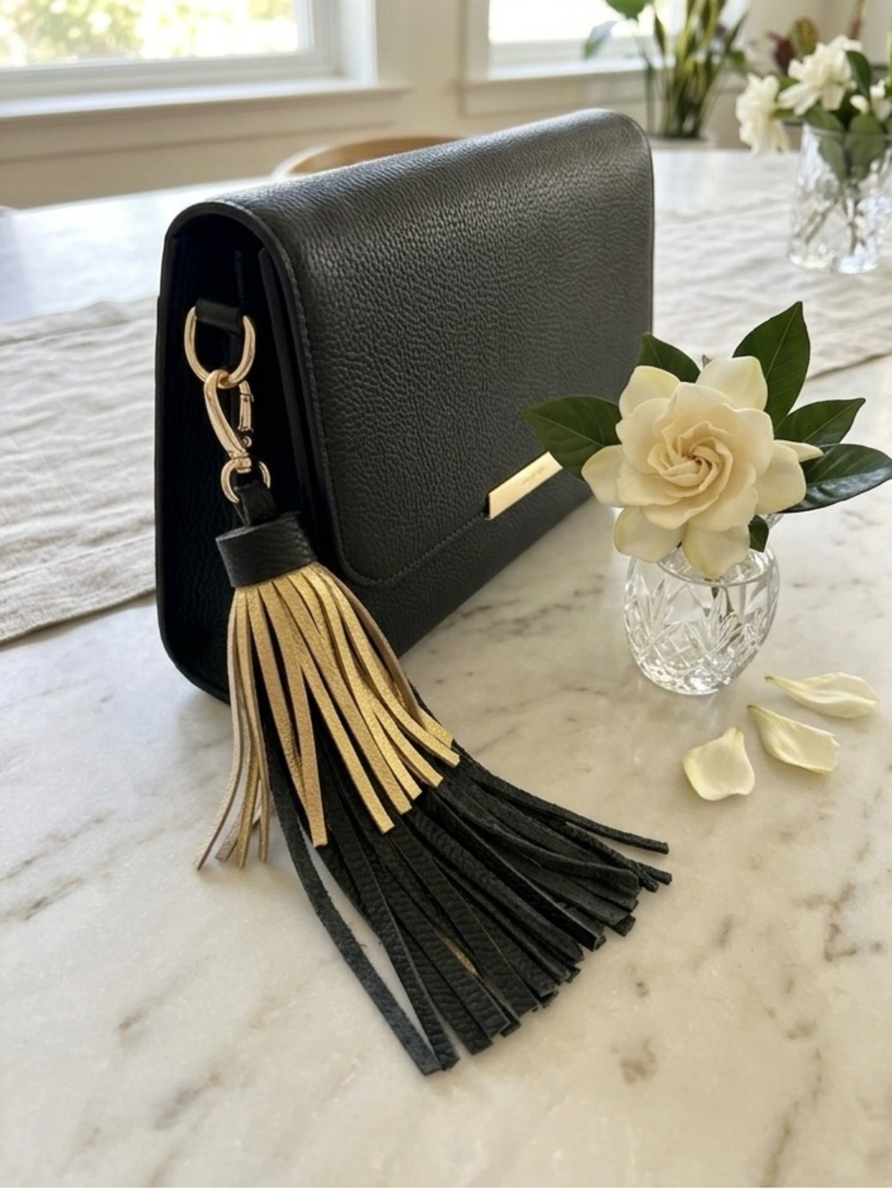 Black & Gold Leather Tassel Keyring with Gold Hardware